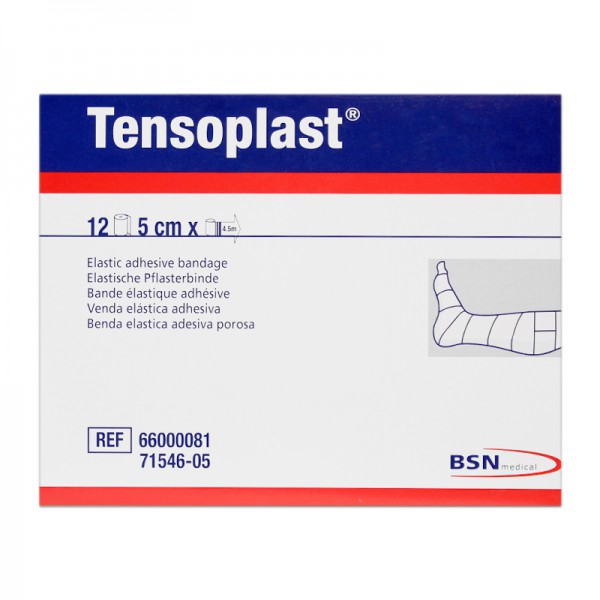 Tensoplast 5 cm x 4,5 metros: Ligadura elástica adesiva (Caixa de 12 unidades) Tensoplast 5 cm x 4,5 metros: Ligadura elástica adesiva (Caixa de 12 unidades)
